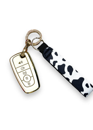 Black and White Cow Print Wristlet Keychain